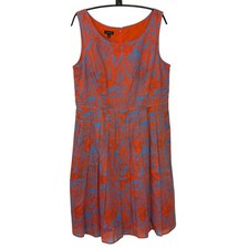 Talbots Dress Womens 10 Orange Blue Floral Cotton Sleeveless Pleated Fit & Flare