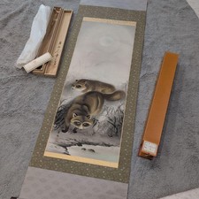 Unused Japanese Hanging Scroll Tanuki Family by Shozen Yamada Boxed