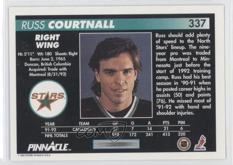 1992-93 Pinnacle Russ Courtnall #337 - Image 2 of 2