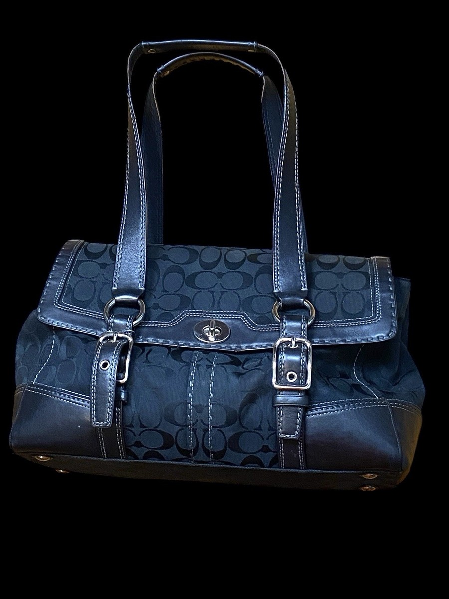 Coach Signature Hampton Flap Satchel Shoulder Bag Black Canvas