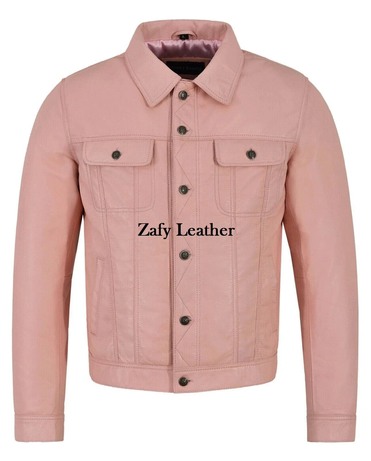 New Men's Leather Trucker Jacket Baby Pink Sheepskin Denim Western Coat Jacket