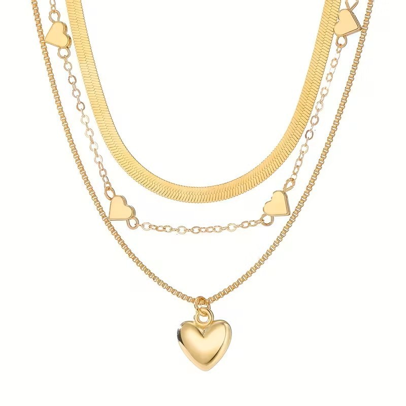 Gold Layered Heart Necklace Set Women 3 Layer Choker Chain Pendant Jewelry Gift