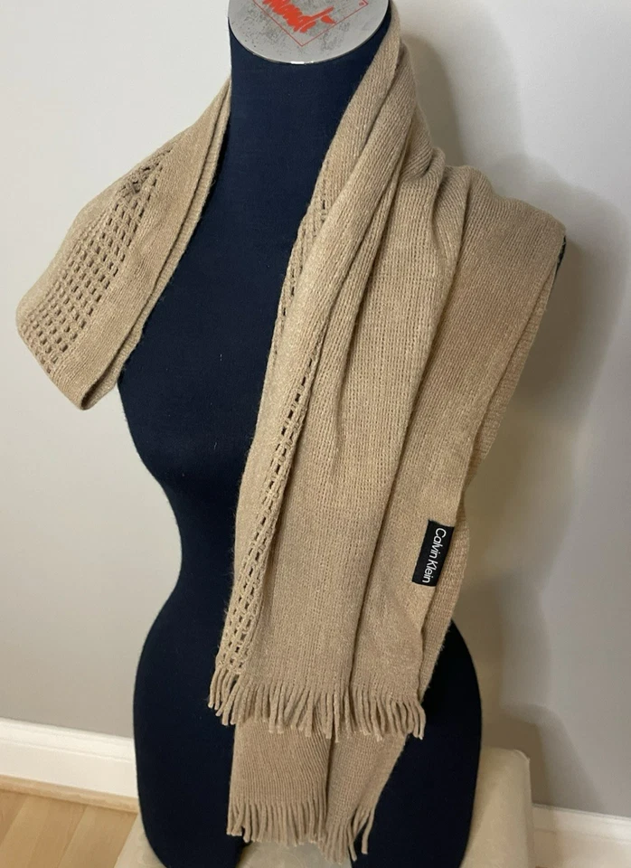 Calvin Klein Beige Fringed Scarf One Size - Image 2 of 4