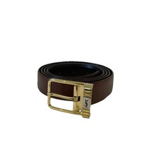 AS YSL Yves Saint Laurent Men  s Belt Brown Leather Gold Buckle Italy 105/120 45  