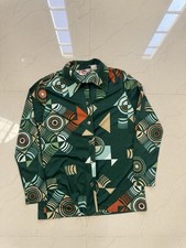 Vtg 70s Long Sleeve Button Down Shirt Disco Geometric Pattern Green