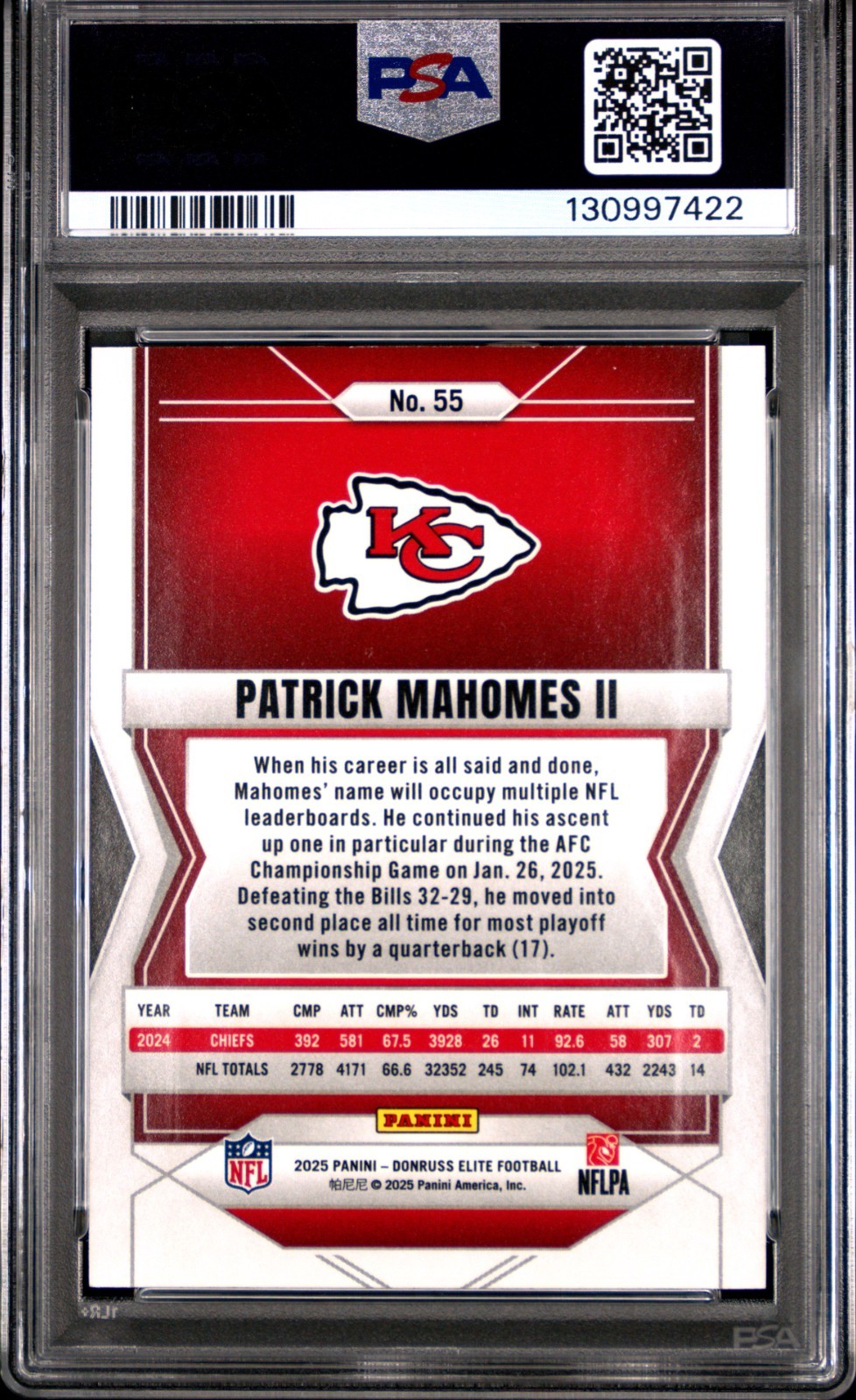 2025 Panini Donruss Elite Aspirations #55 Patrick Mahomes II /85 PSA 10 view 2