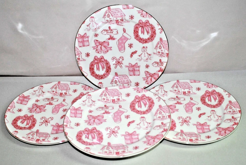 Juego de cuatro platos de ensalada Grace Teaware rosa/rojo decorados con Navidad de 8" nuevos Foto 2 de 3