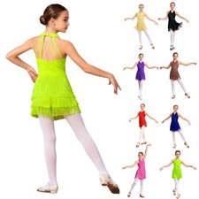 US Kids Tassel Hem Latin Dance Leotard Dress Ballet Dancewear Dancing Clothes