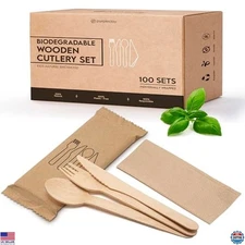 PURPLECLAY 300 PCS Disposable Wooden Cutlery Set - 100 Eco-Friendly Dining Sets