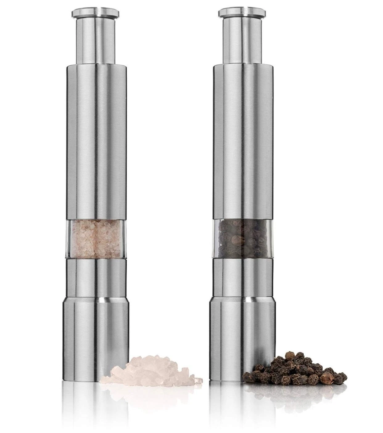 Salt and Pepper Grinder Set of 2,Stainless Steel Push Button Grinder Modern D...
