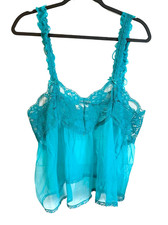 Vtg Teal Sheer Satin Cami Lace Babydoll Camisole Tank Y2K Grunge Whimsygoth L