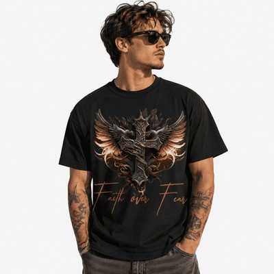 Faith Over Fear Cross T-Shirt | Gothic Winged Celtic Cross Graphic Tee