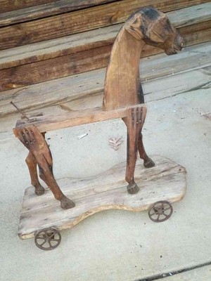 Hand Carved Wooden Horse Pull Toy on Wheels Folk Art Decor