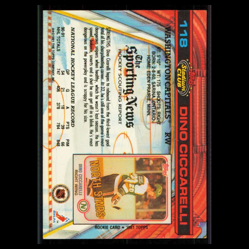 Dino Ciccarelli #118 1991 Topps Stadium Club Washington Capitals Hockey Card NHL - Image 2 of 3