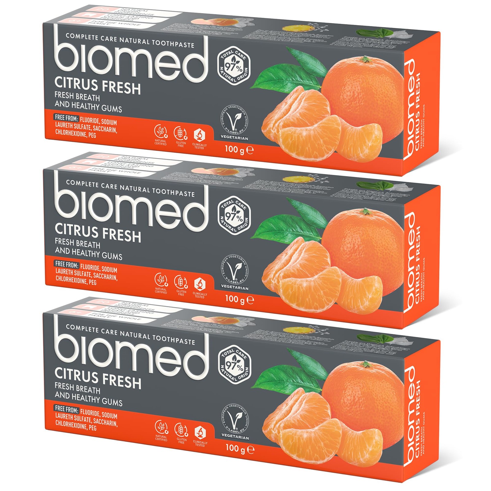 Biomed Citrus Fresh 97% Natural Toothpaste | 100 g (Pack of 3), Orange