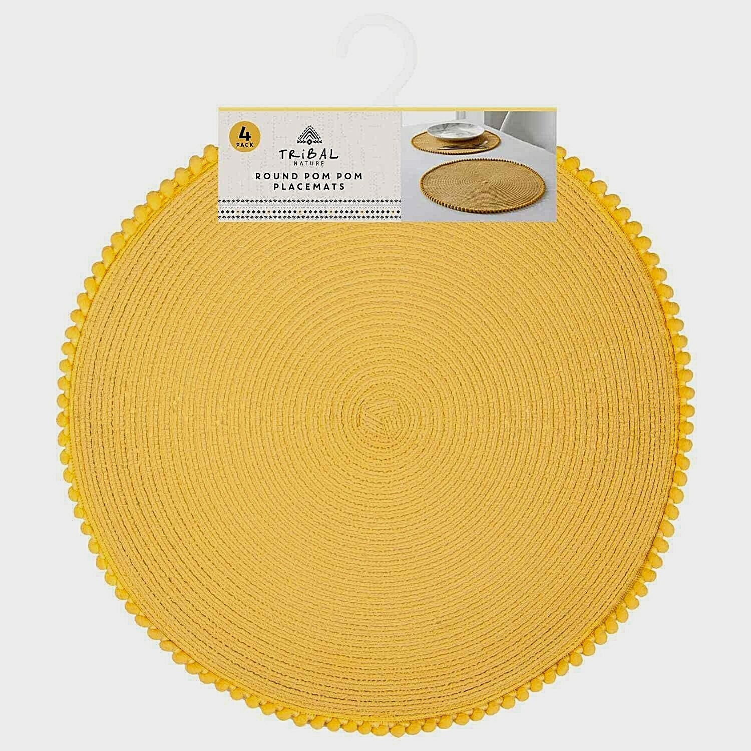 Set Of 4/8 Table Place Mats Blush Pink Grey Ochre Yellow Round Pom Pom