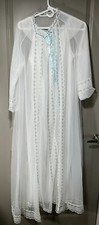Vtg 2 Pc Miss Elaine Long Robe/Cape  Night Layered Gown White w/ Blue Lace Trim