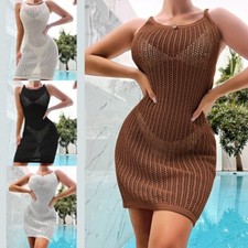 Womens Solid Color Hollow Out Sleeveless Round Neck Cover Up Cover Up