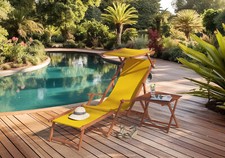 Chaise longue de jardin, chilienne, bois massif, tissu jaune
