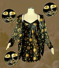 MORGAN TAYLOR 2Pc Nightgown Robe Set LINGERIE Black Gold MOON PRINT Women PETITE