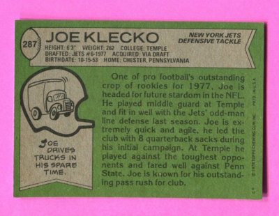 JOE KLECKO NEW YORK JETS 1978 TOPPS FOOTBALL CARD #287 ROOKIE CARD