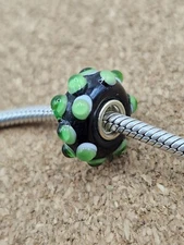 Authentic Green Buds Black Murano European Charm Bead 925 Sterling Silver
