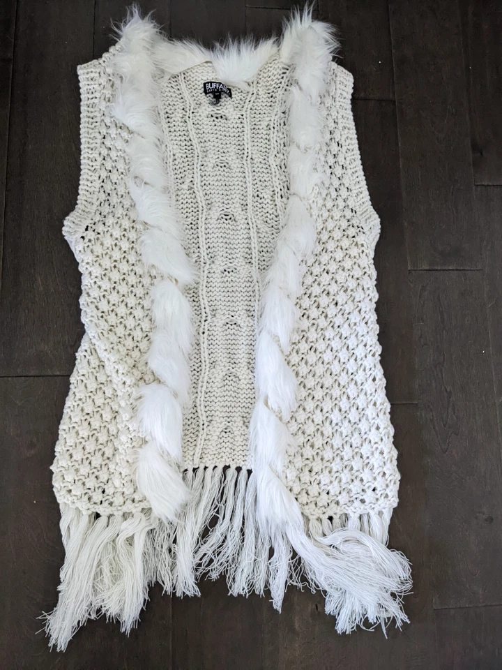 Buffalo David Bitton Mujer Grueso Tejido Suéter Chaleco con Ribete de Piel Sintética Talla S