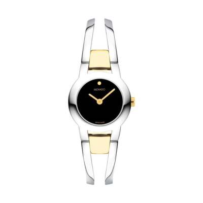 MOVADO IMPRESA 0607721 TWO-TONE SILVER&GOLD BANGLE BLACK DIAL 24MM WOMEN WATCH