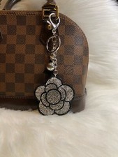 Bling Silver Flower bag Charm keychain fob Black tassel Clip purse new Gift
