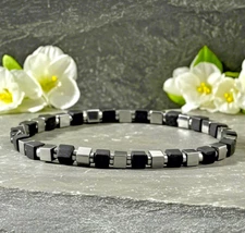 Delicate Hematite Square Crystal Gemstone Beads Stretch Minimalist Bracelet