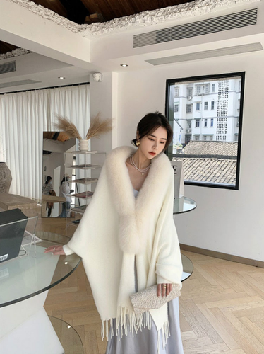 Cardigan lavorato a maglia stile donna autunno collo pelliccia sintetica frange caldo mantello scialle - Foto 15 di 15