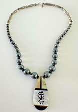 Hopi Kachina Necklace Stone Inlay Pendant Hematite Beaded 20 in Mother of Pearl