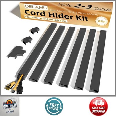 85in Black Cord Hider Self-Adhesive Cable Cover Raceway Kit for TV Wires on Wall
