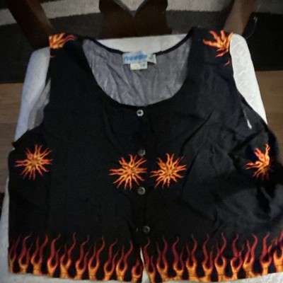 FUN-WEAR Black Orange Flame Print Denim Button Front Sleeveless Vest Top L