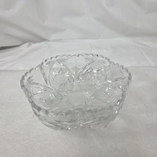 Cut Crystal Glass Footed Bowl Scalloped Rim Pressed Pinwheel Star Design