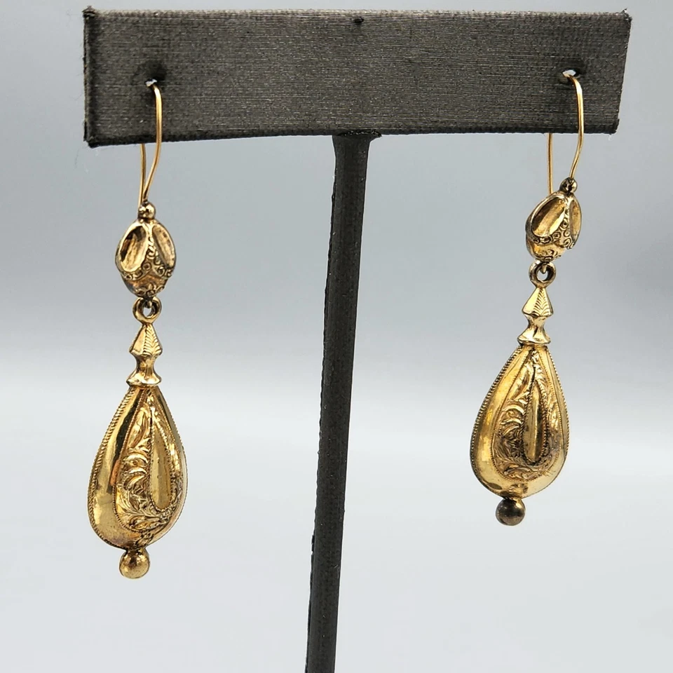 Pendientes colgantes de alambre victorianos llenos de oro día noche torpedo etrusco 3,6 g Foto 4 de 4