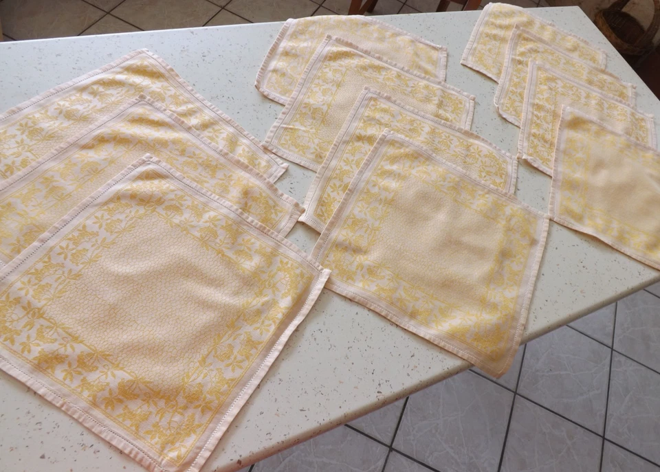 11 serviettes, fil de lin, damas jaune orangé, anciennes - Photo 2/4