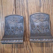 JENNING BROS Antique Bookends JB Village Scene Dancers Fine Ornate Detail
