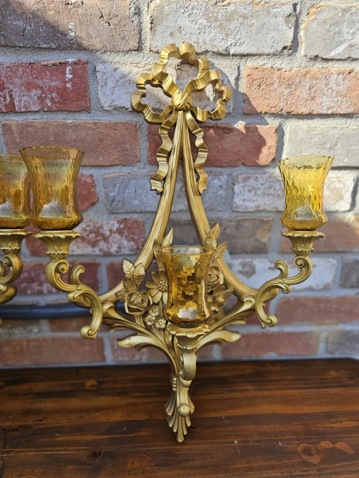 "2 apliques de pared grandes Hollywood Regency Syroco de 3 brazos 26"" x 16"" y 6 votivos" Foto 3 de 4