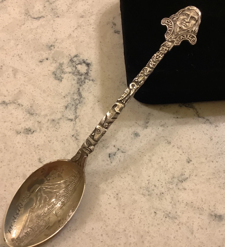 Antigua cuchara de recuerdo CHIEF SEATTLE de plata de ley, nativa americana Foto 3 de 4