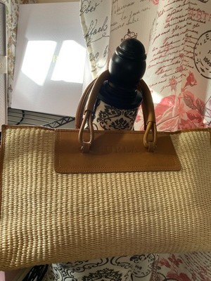 FURLA Raffia Leather Tote Bag Khaki Beige Luxury Handbag NWOT