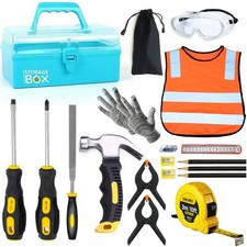 Kids Real 20Pcs Construction Tool Set with Blue Toolbox and Protective Clothi...