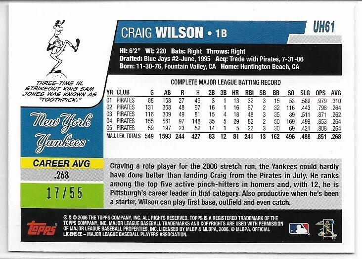 Actualización Topps 2006 y aspectos destacados Craig Wilson #UH61 negro paralelo #'d/55 Yankees Foto 2 de 2