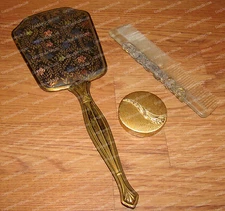 Embroidered Gold Dresser Set, ELGIN AMERICAN - Cloudsilk Compact, Comb, Mirror