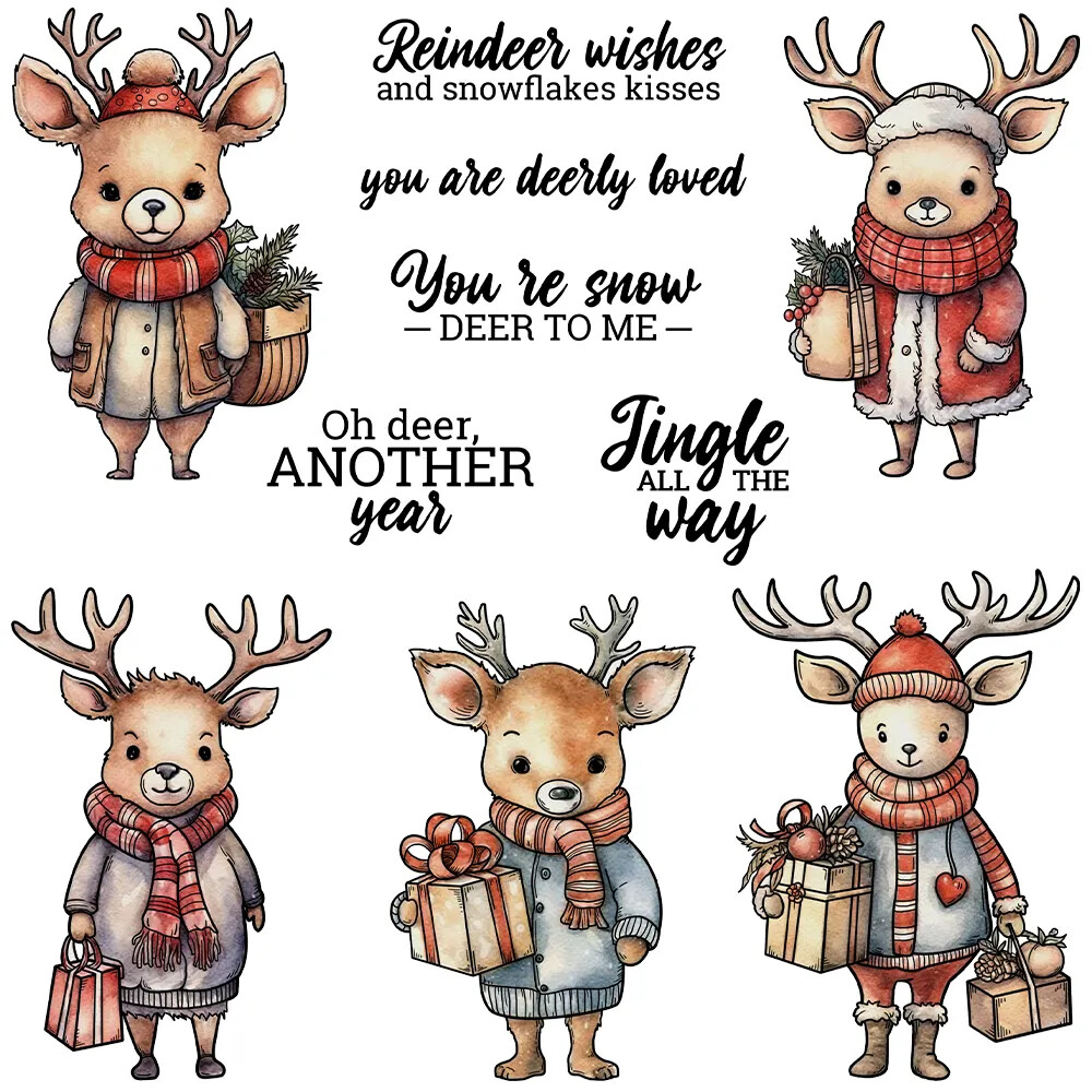 Christmas Winter Reindeer Coat Scarf Hat Gifts Metal Cutting Dies Clear Stamps