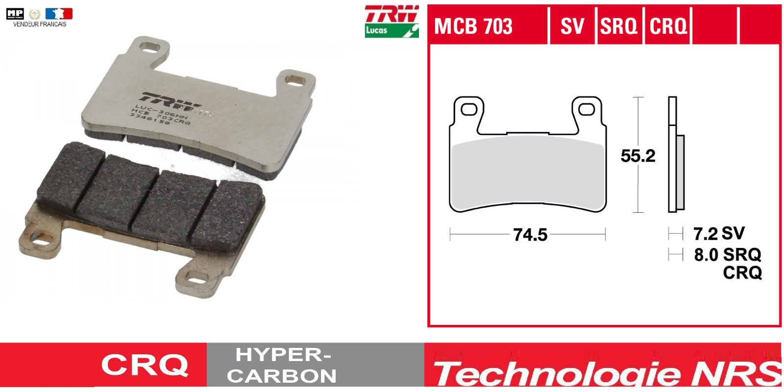 Plaquettes de frein moto MCB703CRQ pour optimiser le mordant avant de la Honda CBR929RR