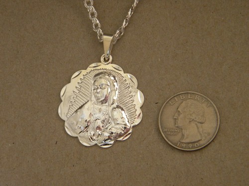 Lady Men's 24in Flat Rope Chain & Large Mother Mary Face Charm Set Silver Plated - Picture 3 of 4