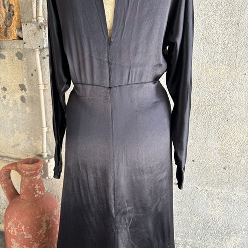 Vintage 1930s Black Silk Satin Gown Dress Art Deco Maxi Long Sleeve Keyhole - Picture 22 of 23
