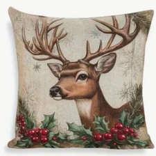 Winter Berries Deer Wreath Christmas Linen Throw Pillow Cover Holiday Home Decor