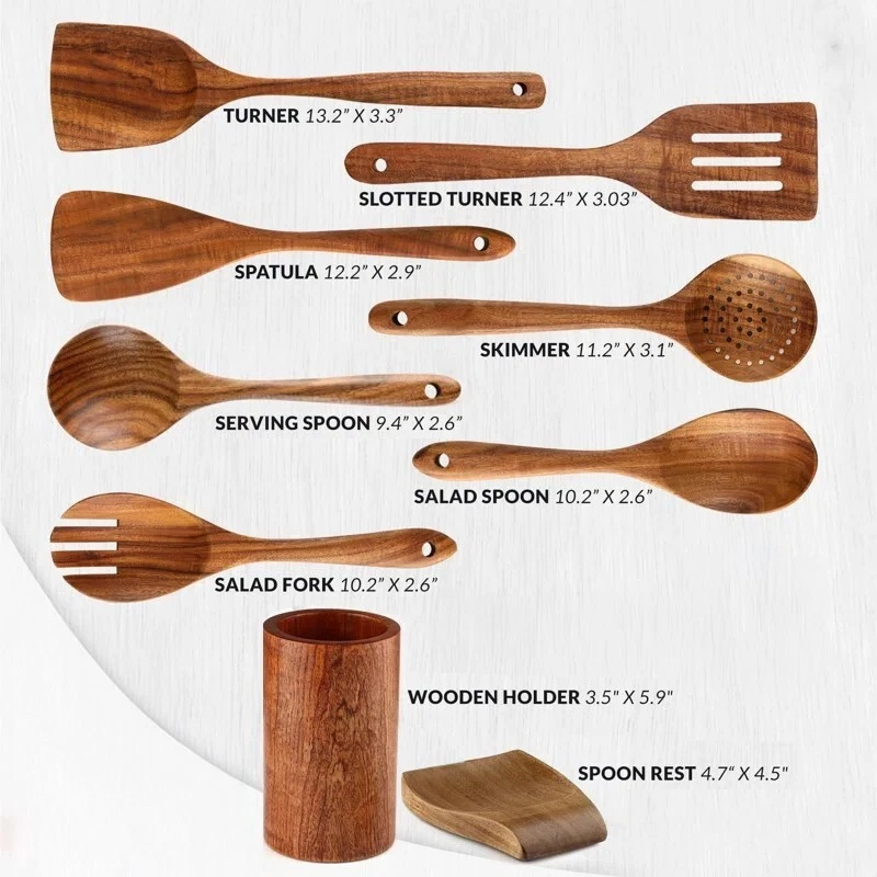 Juego de utensilios de cocina de madera de teca natural de 9 piezas con reposacuchara y soporte para cuchara Foto 3 de 4